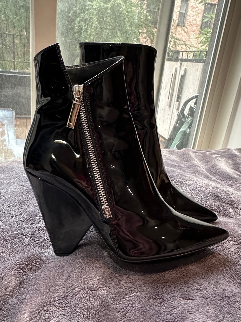 Saint Laurent YSL Black Patent Leather Pointed Toe Heeled Booties Ankle